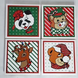 4 Christmas Ceramic Drink Coasters Cat Reindeer Panda Brown Bear Red Green